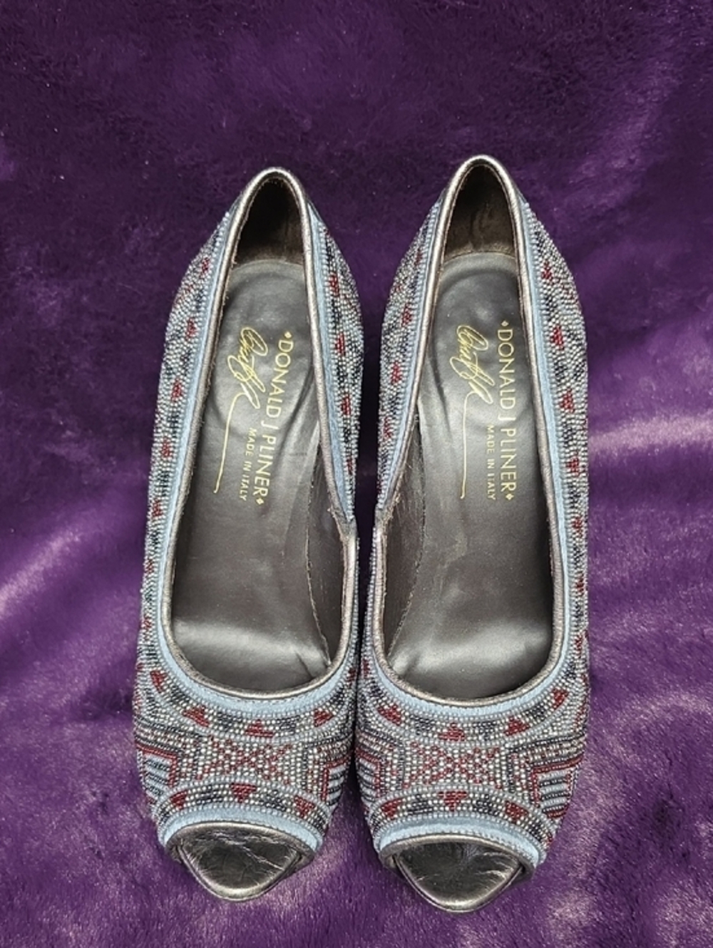 Donald J. Pliner Blue and Burgundy Beaded Peep-Toe Heels sz 5.5